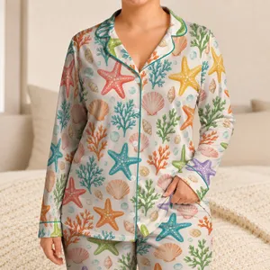Colorful Starfish And Seashells For Cozy Coastal Nights And Relaxed Lounging Satin Pajamas Set
