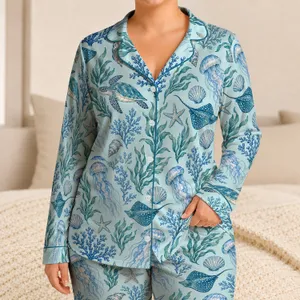 Blue Ocean Sea Life for Relaxing Coastal Getaways and Beach Trip Comfort Satin Pajamas Set