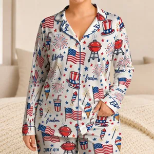 American Flags Fireworks And Picnic Icons For A Cheerful Fourth Of July Celebration Satin Pajamas Set