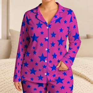 Bold Cobalt Stars on Fuchsia for Cozy Weekend Lounging and Relaxed Evenings at Home Satin Pajamas Set