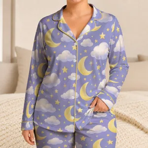 Dreamy Moon Cloud and Star Motif for Cozy Bedtime Lounging Satin Pajamas Set