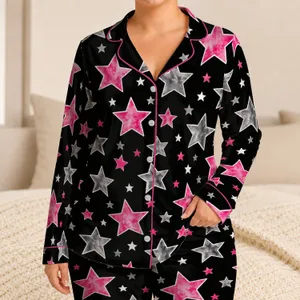 Magenta And Silver Stars For Cozy Evenings, Bold Celestial Style For Relaxing Nights Satin Pajamas Set