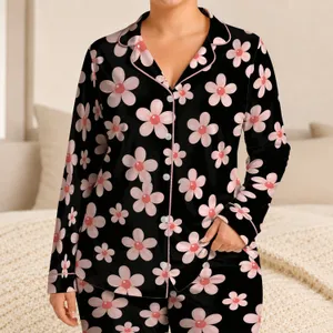Pink Daisy Blooms for Cozy Evenings and Relaxed At-Home Lounging All Year for Her Satin Pajamas Set