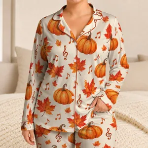 Pumpkins Maple Leaves And Music Notes For Cozy Autumn Evenings At Home Satin Pajamas Set