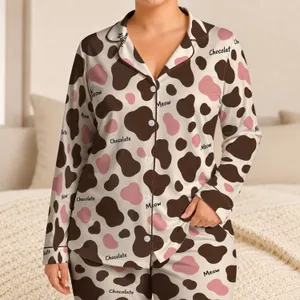 Milky Ivory Cow Spots and Rose Accents for Cozy Lounge Nights and Weekend Ease Satin Pajamas Set