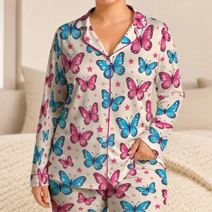Blue and Magenta Butterflies with Pink Stars for Cozy Evenings and Relaxed Weekends Satin Pajamas Set