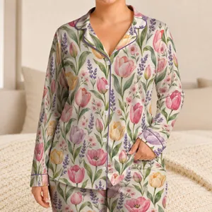 Pastel Tulips and Lavender for Relaxed Springtime Lounging and Cozy Mornings Satin Pajamas Set