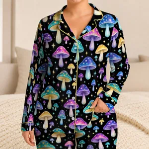 Glowing Fantasy Mushrooms for Cozy Nights, Dreamy Cottagecore Gift for Her Satin Pajamas Set