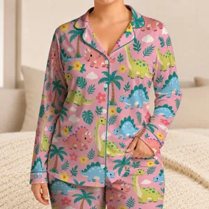 Friendly Tropical Dinosaurs for Cozy Nights and Playful Weekend Lounging at Home Satin Pajamas Set