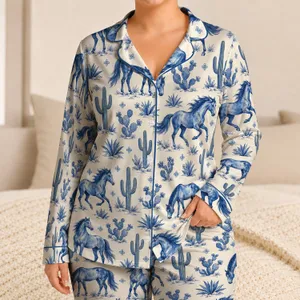 Cobalt Wild Horse And Desert Cactus Motifs For Relaxed Western Evenings Satin Pajamas Set