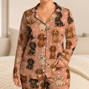 Dachshund Puppy Companions for Cozy Weekend Lounging and Relaxed Home Evenings Satin Pajamas Set