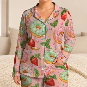 Strawberry Mint Donuts for Sweet Cozy Weekend Lounging Satin Pajamas Set