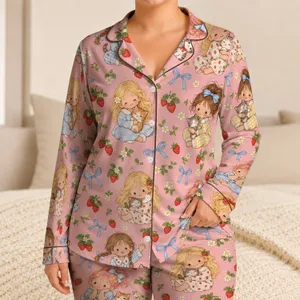 Strawberry Girl And Kitten Motifs For Cozy Weekend Lounging And Sweet Gifts Satin Pajamas Set