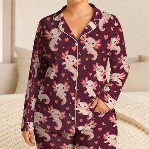 Cute Axolotl and Heart Motifs for Cozy Evenings and Relaxed Weekend Lounging at Home Satin Pajamas Set