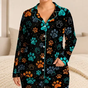 Neon Teal And Ember Paw Prints For Cozy Evenings, Relaxed Lounging And Pet Lovers Satin Pajamas Set