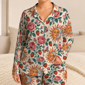 Celestial Sun Moon Roses and Strawberries for Cozy Bohemian Evenings and Lounging Satin Pajamas Set