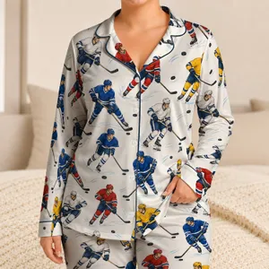 Colorful Hockey Players for Cozy Game Night Lounging and Winter Weekends Satin Pajamas Set