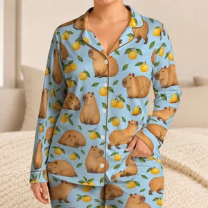 Cute Capybara and Citrus Motifs for Cozy Lounging and Relaxed Weekend Morning Comfort Satin Pajamas Set