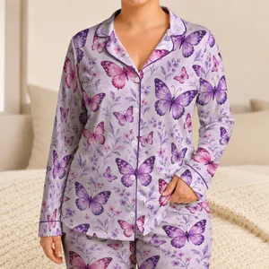 Lavender Pink Butterflies for Dreamy Evenings and Relaxed Weekends at Home, Giftable Satin Pajamas Set