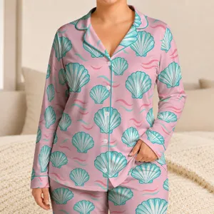 Aqua Scallop Shells on Macaron Pink for Relaxed Seaside Vacation and Island Getaways Satin Pajamas Set