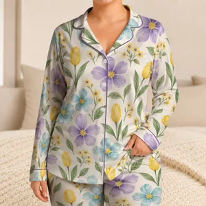 Lavender Tulip And Wildflower Blooms For Cozy Springtime Lounging Satin Pajamas Set