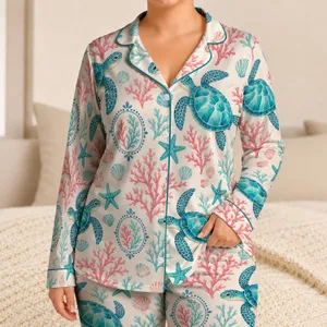 Sea Turtle Coral Reef Motifs for Relaxed Coastal Evenings and Beach Lovers Satin Pajamas Set