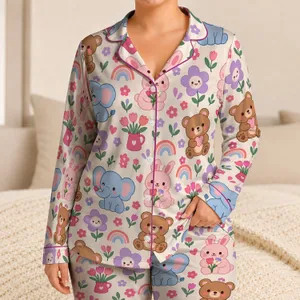 Kawaii Teddy Bear Bunny And Elephant Garden For Cozy Weekend Lounging Satin Pajamas Set