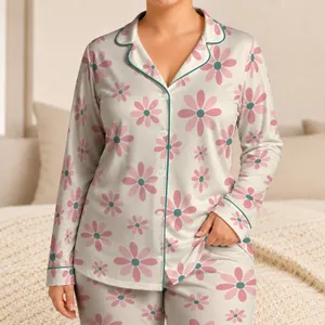 Macaron Pink Daisy Motifs for Cozy Spring Lounging and Relaxed Everyday Comfort at Home Satin Pajamas Set