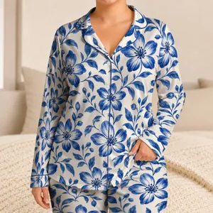 Blue Hand-Painted Floral Motifs for Island Getaways and Relaxed Summer Lounging Satin Pajamas Set