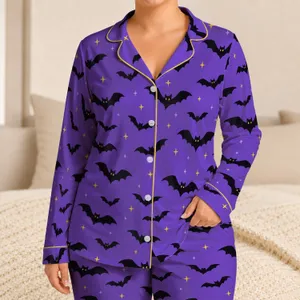 Playful Black Bats and Golden Stars for Cozy Halloween Nights Satin Pajamas Set