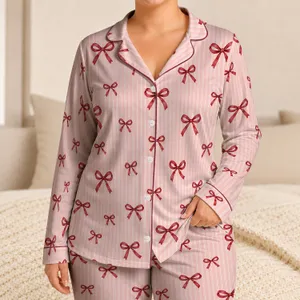 Blush Pink Bows And Fine Stripes For Cozy Evenings And Relaxed Lounging Satin Pajamas Set