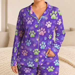 Colorful Paw Prints on Purple for Cozy Cat Lover Lounging and Relaxed Evenings at Home Satin Pajamas Set