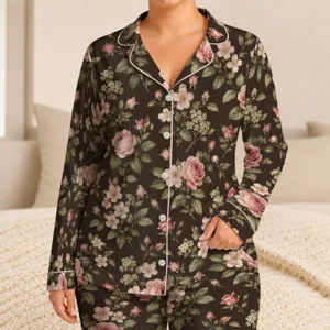 Vintage Pink Rose And Blossom Floral Motif For Relaxed Lounge Evenings And Cozy Gifting Satin Pajamas Set