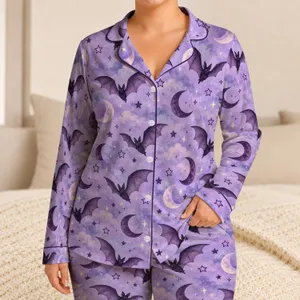 Pastel Lavender Bat Moon And Star Night Sky For Cozy Halloween Evenings Satin Pajamas Set