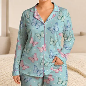 Pastel Butterfly And Polka Dot Motifs For Cozy Springtime Lounging Satin Pajamas Set