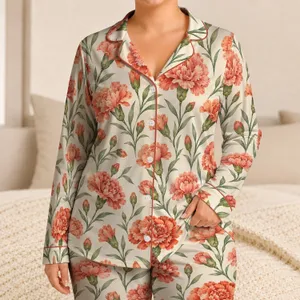 Coral Carnation Blooms for Cozy Botanical Evenings and Relaxed Weekend Mornings at Home Satin Pajamas Set