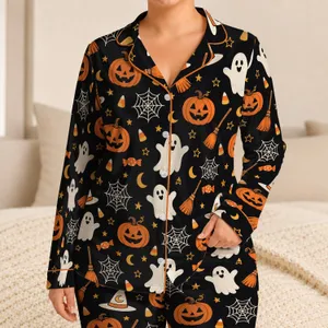 Halloween Pumpkin, Witch Hat and Ghost Motifs for Cozy October Nights at Home Satin Pajamas Set