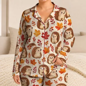 Whimsical Hedgehogs And Autumn Leaves For Cozy Fall Evenings And Woodland Lounging Satin Pajamas Set