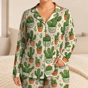 Cheerful Potted Cacti for Cozy Desert-Inspired Lounging and Relaxed Evenings at Home Satin Pajamas Set