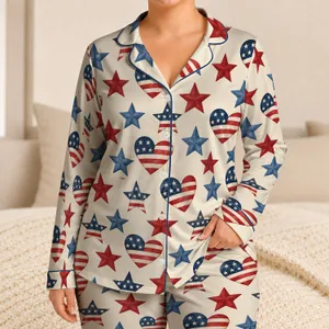 American Flag Hearts and Stars for Patriotic Holiday Lounging and Summer Celebrations Satin Pajamas Set