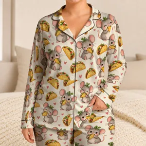 Cute Taco-Holding Mouse Motifs for Cozy Foodie Lounging and Whimsical Gift Giving Satin Pajamas Set
