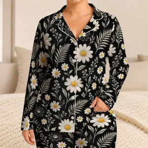 White Daisy and Fern Motifs for Relaxed Botanical Lounging, A Thoughtful Gift for Her Satin Pajamas Set