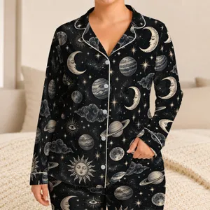 Celestial Moon And Planet Motifs For Cozy Stargazing Evenings And Lunar Dreamers Satin Pajamas Set