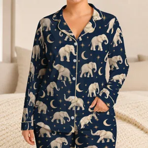 Ivory Elephants Under Crescent Moons for Cozy Stargazing Nights and Relaxed Lounging Satin Pajamas Set