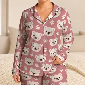 Blushing Polar Bear Faces and Paw Prints for Cozy Winter Nights and Arctic Animal Fans Satin Pajamas Set