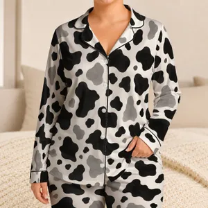 Black And White Cow Spots For Cozy Farmhouse Lounging At Home Satin Pajamas Set