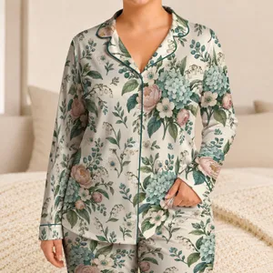Teal Botanical Sprigs and Pastel Garden Bouquets for Relaxed Everyday Lounging at Home Satin Pajamas Set