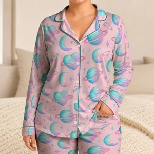 Pastel Moon Planet Hearts for Dreamy Nighttime Lounging and Cozy Everyday Relaxation Satin Pajamas Set