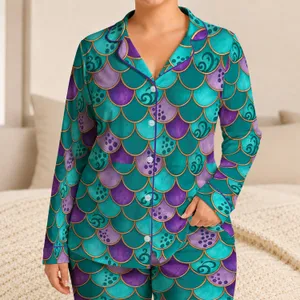 Teal Purple Mermaid Scales for Tropical Getaways and Relaxed Island Lounging Satin Pajamas Set