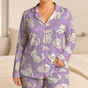 White Kitten and Pink Dot Sleepytime Style for Cozy Cat Lovers Satin Pajamas Set